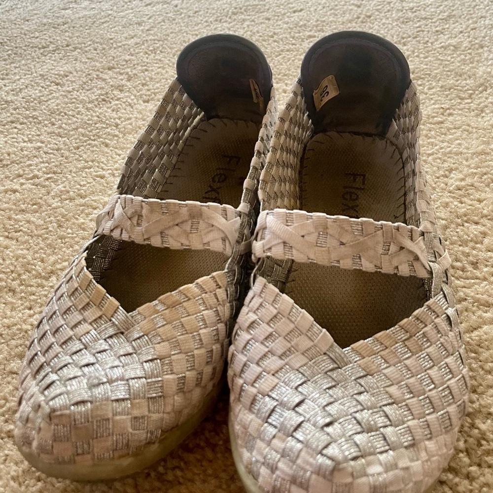 Stretchy Material Silver Woven Flats with Rounded Toe and a beautiful shimmer
